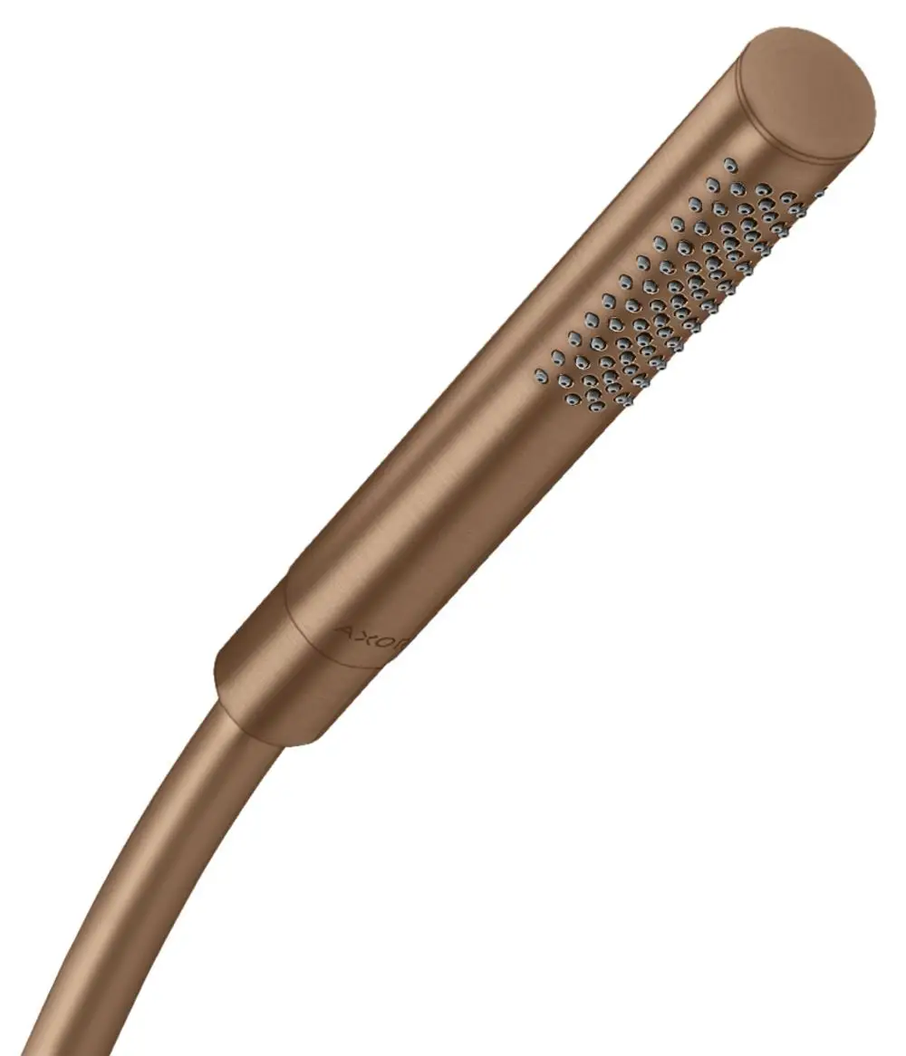 Brausekopf in brushed red gold mit einem geraden, schmalen Design und vielen kleinen Düsen. Markierung „AXOR“ an der Verbindung zum Schlauch.